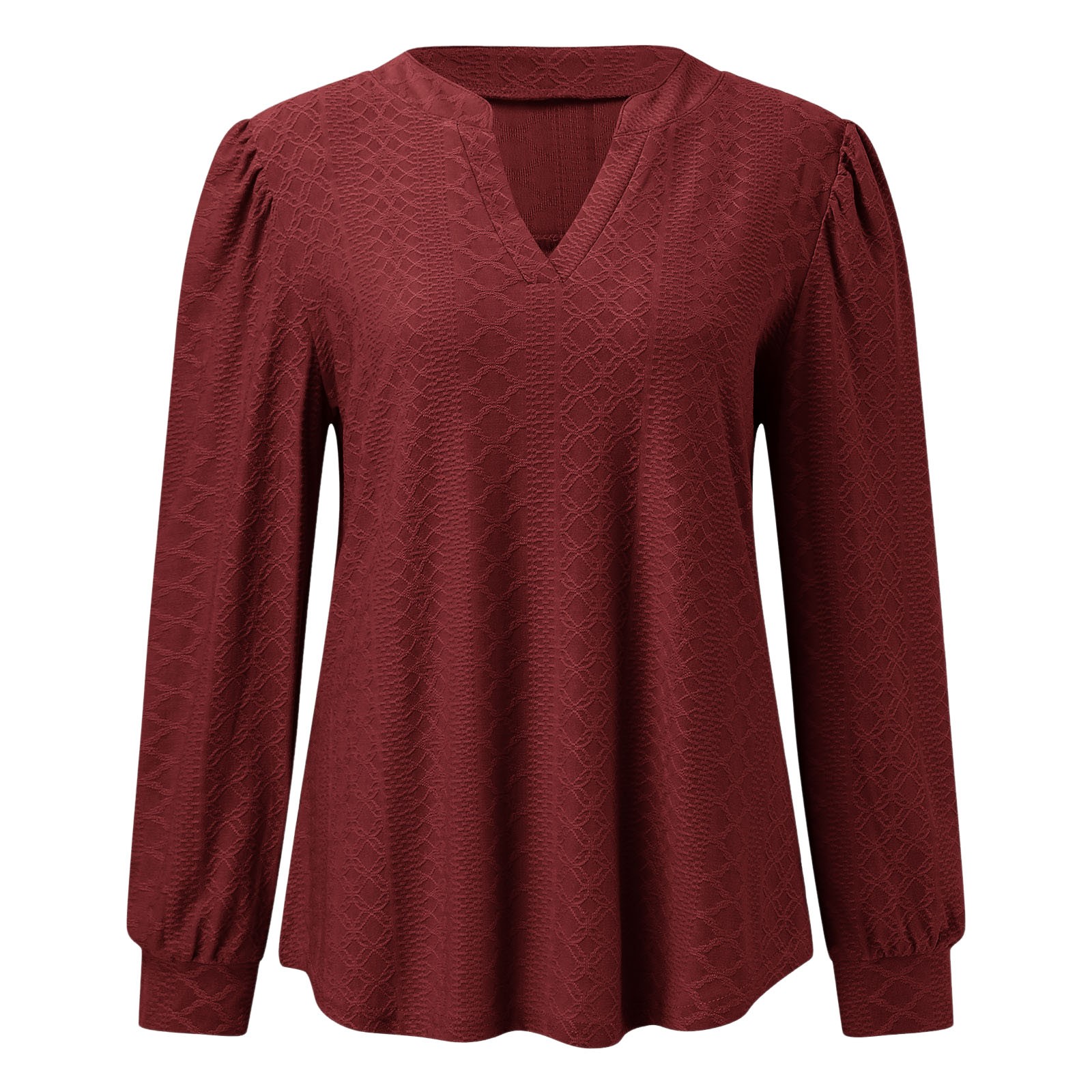 thumbnail image 4 of Top de manga larga con cuello en V y tejido jacquard para mujer - Camiseta holgada de color liso, 4 of 6